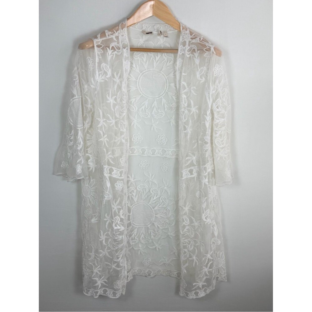 Soft Surroundings Sheer Embroidered Kimono Cardigan White Floral Mesh Large